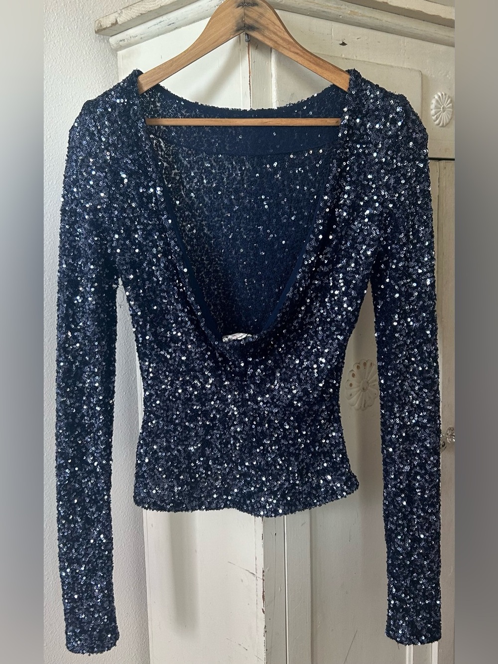 Free People | Women's Navy Blue Leading The Way Sequin Long-Sleeve Top Size XS - Picture 7 of 16